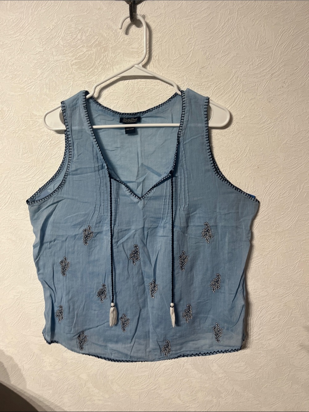 Sky Blue Embroidered V-Neck Tank Top with Tassel Ties